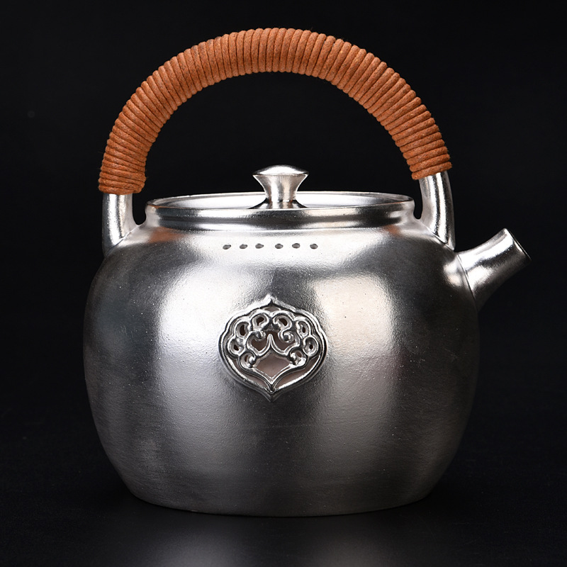 鎏纯银侧把陶瓷煮茶壶普洱茶黑白茶日式手工煮茶器电陶炉粗陶茶具