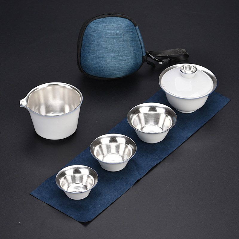 纯银鎏银盖碗快客杯旅行茶具套装便携包式一壶三杯布包旅行茶具