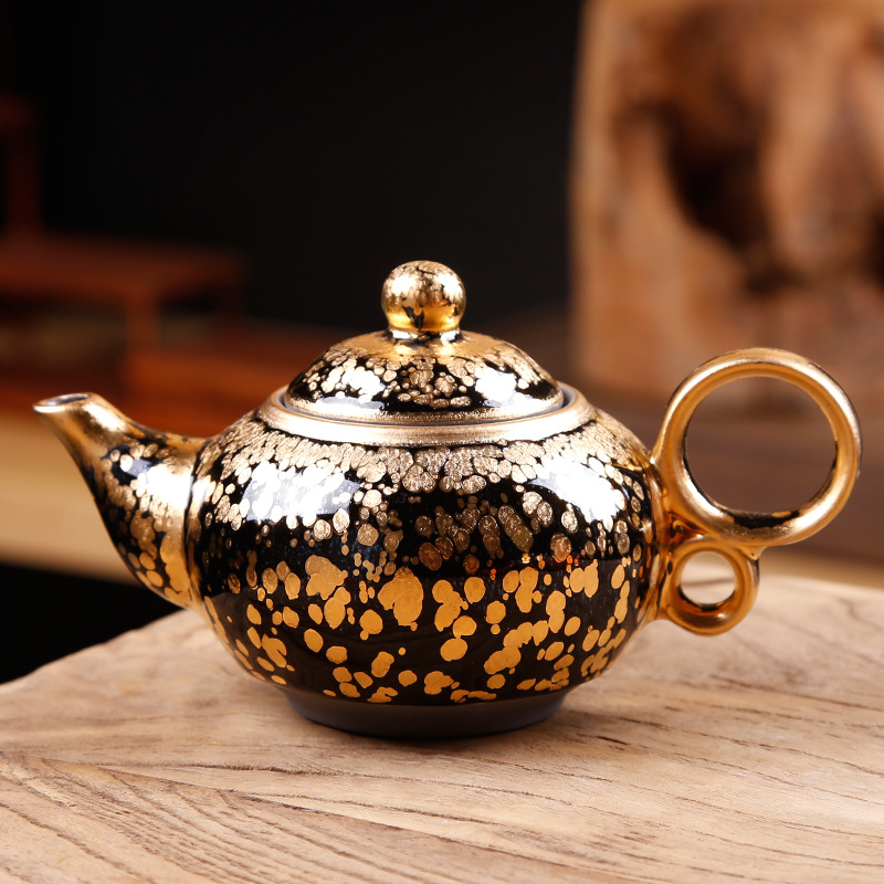 建盏茶壶铁胎纯手工金油滴鹧鸪斑大容量鎏金茶水壶泡茶壶单壶家用