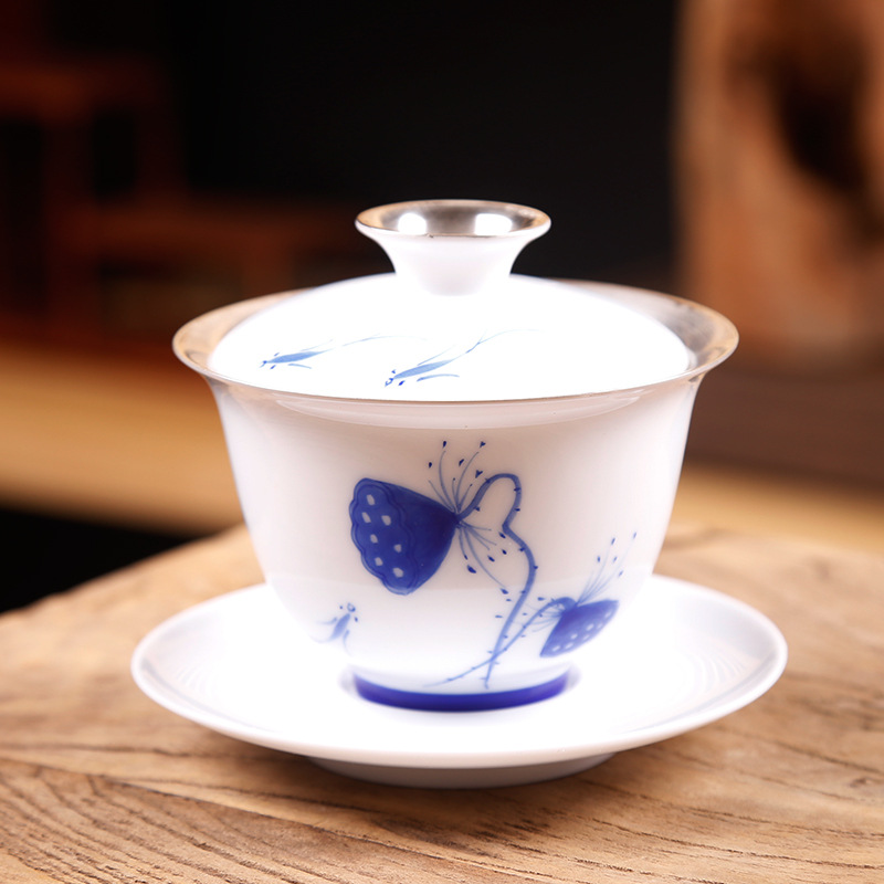 景德镇鎏银盖碗大青花瓷三才茶碗功夫泡茶盖杯茶具单个茶杯珐琅彩