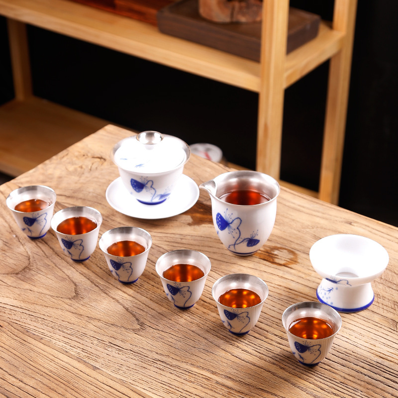 景德镇青花瓷鎏银珐琅彩茶具套装整套家用功夫茶具银茶杯陶瓷礼品